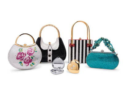 Four Kathrine Baumann Hard Side Hand Bags: Four Kathrine Baumann Hard Side Hand Bags This lot includes four bags. THE FIRST Black, red, and white striped crystal encrusted&#160; shopping tote shaped minaudiÃ¨re with top handles, retractable