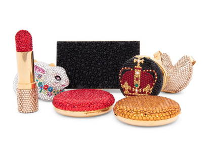 Nine Kathrine Baumann Crystal Embellished Items: Nine Kathrine Baumann Assorted Crystal Embellished Items This lot includes nine accessories. THE FIRST Crystal leopard motif on gold-tone metal minaudiÃ¨re with retractable shoulder strap and top pr