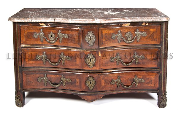 A Louis XV Style Kingwood Commode, Height 33 x widt: A Louis XV Style Kingwood Commode, 18th century, having a rouge marble top above three drawers, each with parquetry around perimeters with gilt-metal mounted handles and escutcheon, the corners fluted