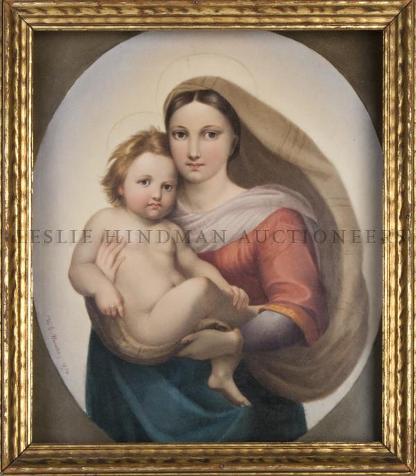 A Berlin (K.P.M.) Plaque, after Raffaello Sanzio d: A Berlin (K.P.M.) Plaque, after Raffaello Sanzio da Urbino, the rectangular plaque depicting the Madonna and Child, signed W.E. Atwater and dated 1874, impressed K.P.M. on verso, framed. Height of pla