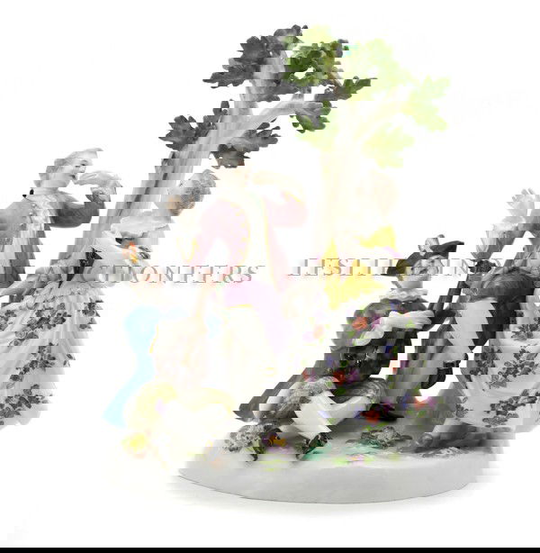 A Meissen Porcelain Figural Group, Height 6 5/8 in: A Meissen Porcelain Figural Group, 19th century, depicting revellers beneath a tree, impressed 36, incised 662, having crossed, dotted swords mark in underglaze blue. Height 6 5/8 inches. Property fro