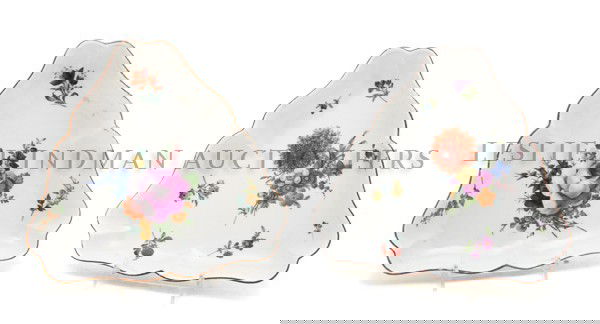 A Pair of Meissen Porcelain Dishes, Width 10 1/2 i: A Pair of Meissen Porcelain Dishes, each of lobed triangular form, decorated with floral sprays, having starred crossed swords mark in underglaze blue. Width 10 1/2 inches. Property from the Estate of