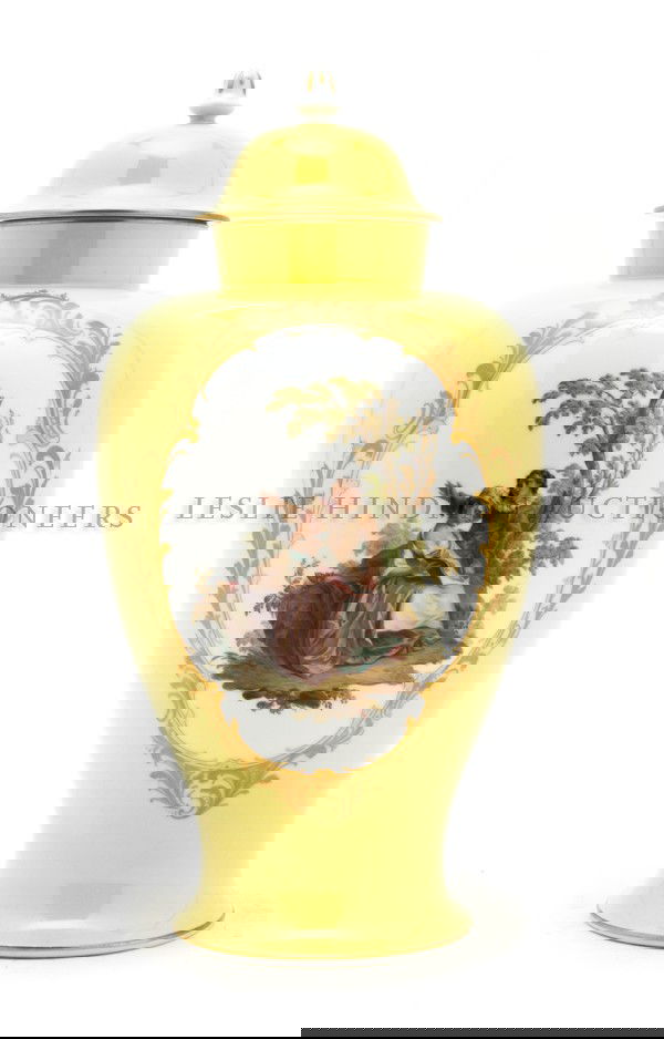 A Meissen Porcelain Covered Jar, Height 14 1/2 inc: A Meissen Porcelain Covered Jar, of baluster form, having a reserve painted scene of a pastoral courtship on a yellow ground, with crossed swords mark in underglaze blue. Height 14 1/2 inches. Propert