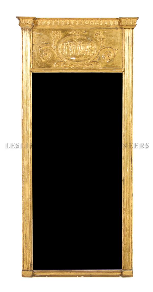 A Neoclassical Giltwood Pier Mirror, Height 60 x w: A Neoclassical Giltwood Pier Mirror, having an acanthus leaf decorated cornice over a panel decorated with putti at work above the rectangular plate. Height 60 x width 24 1/4 inches.