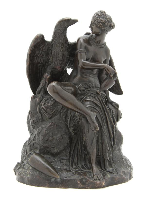 A French Bronze Figural Group, Pradier, Height 12: A French Bronze Figural Group, Pradier, depicting a classical maiden with wine amphora seated near eagle, bearing Susse Freres foundry mark. Height 12 1/4 inches. Property of a Lady, Oakbrook, Illinoi