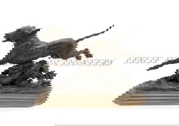 A Bronze Figure of a Hunting Dog, After Alfred Bar: A Bronze Figure of a Hunting Dog, After Alfred Barye, dog's collar marked Metamor, depicted jumping over rocks and oak leaves with a hare beneath, raised on a stepped elongated octagonal base, signed