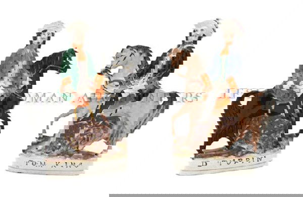 Two Staffordshire Equestrian Groups, Height of tal: Two Staffordshire Equestrian Groups, Tom King and Dick Turpin, each figure seated on a horse, each titled. Height of tallest 9 7/8 inches.