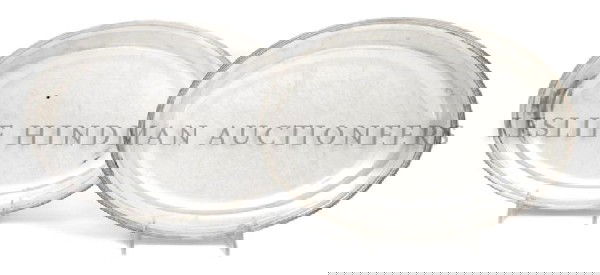 Two English Silver Serving Bowls, Paul Storr, Widt: Two English Silver Serving Bowls, Paul Storr, London, 1798, each of oval form with reeded edge, one numbered 3, the other numbered 4; approximate total weight 31.20 ozt. Width 11 2/4 inches. Property