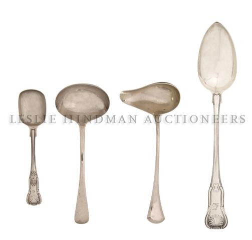 Two English Silver Stuffing Spoons, Thomas Barker,: Two English Silver Stuffing Spoons, Thomas Barker, London, 1820, together with four other English silver serving articles; approximate total weight 1.39 ozt. Length of pair 12 inches.
