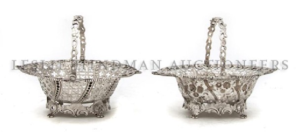A Pair of English Silver Baskets, Edwin Charles Pu: A Pair of English Silver Baskets, Edwin Charles Purdie, London, 1900, each reticulated with swing handles; approximate total weight 14.83 ozt. Width 6 1/4 inches. Property from the Estate of Anne Scho