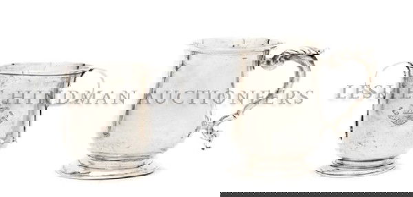 Two English Silver Mugs, Height of tallest 4 inche: Two English Silver Mugs, one of double handled form, monogrammed and inscribed FAC ET SPERA, the other of single handled form, each raised on a circular foot; approximate total weight 8.67 ozt. Height