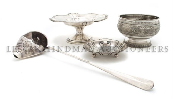 Two American Sterling Silver Articles, Gorham, Dia: Two American Sterling Silver Articles, Gorham, comprising a tazza and a shell form dish together with a Tiffany silverplate bowl and a Christofle silverplate ladle; approximate total weighable 14.09 o