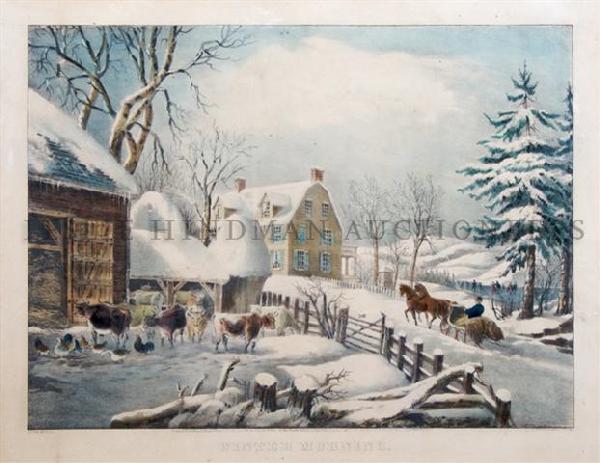 Currier & Ives, (Nathaniel Currier (1813?1888) an: Currier & Ives (Nathaniel Currier (1813?1888) and James Merritt Ives (1824?1895)) Winter Morning after F.F. Palmer colored lithograph dated 1861 13 1/8 x 17 inches (visible).
