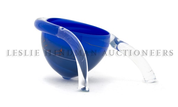 A Glass Bowl, James Harmon, Height 6 1/2 inches.: A Glass Bowl, James Harmon, having a cobalt ground with linear painted decoration and sinuous supports, signed James Harmon, dated 1980. Height 6 1/2 inches.