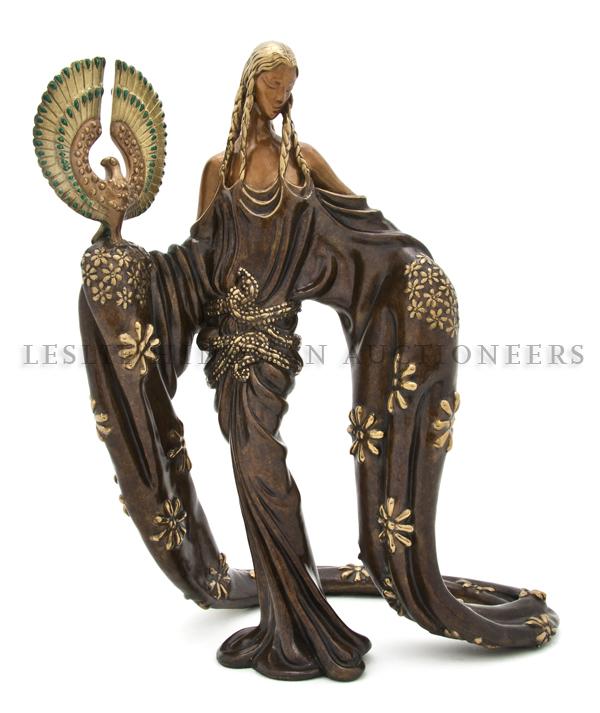 A Russian Polychrome Bronze Figure, Roman de Tirt: A Russian Polychrome Bronze Figure, Roman de Tirtoff Erte, (1892-1990), 1988, Wisdom, edition 329/375, depicting an elongated female figure with head tilted to the side, her gown decorated with flower