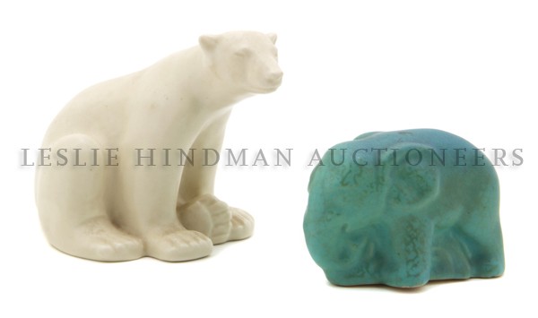 Two American Pottery Figures, Height of first 4 i: Two American Pottery Figures, one a Rookwood polar bear, the other a Weller elephant. Height of first 4 inches. Property from the Estate of Robert S. Wells, Oak Park, Illinois