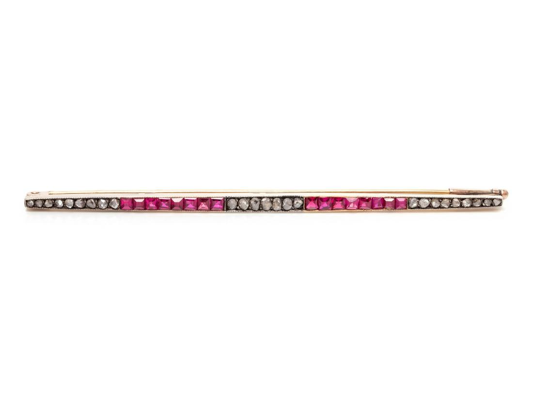 DIAMOND AND SYNTHETIC RUBY BAR BROOCH (1 of 3)