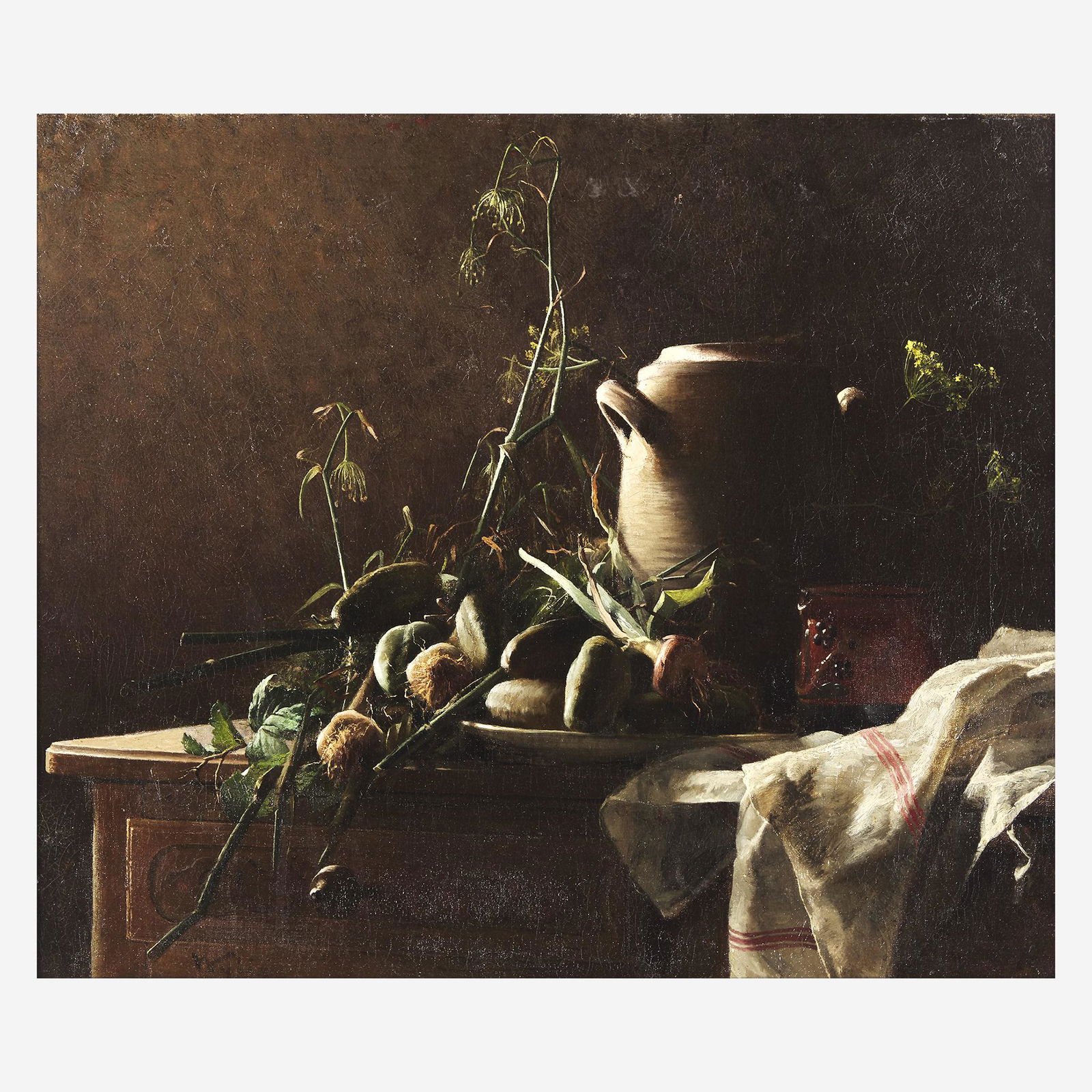 Robert Wylie (American, 1839–1877) Still Life: Robert Wylie (American, 1839–1877) Still Life with Leeks, Potatoes and Fennel on Commode Tabletop Signed 'Wylie' bottom center left; also with original preparer's stencil verso, oil on canv
