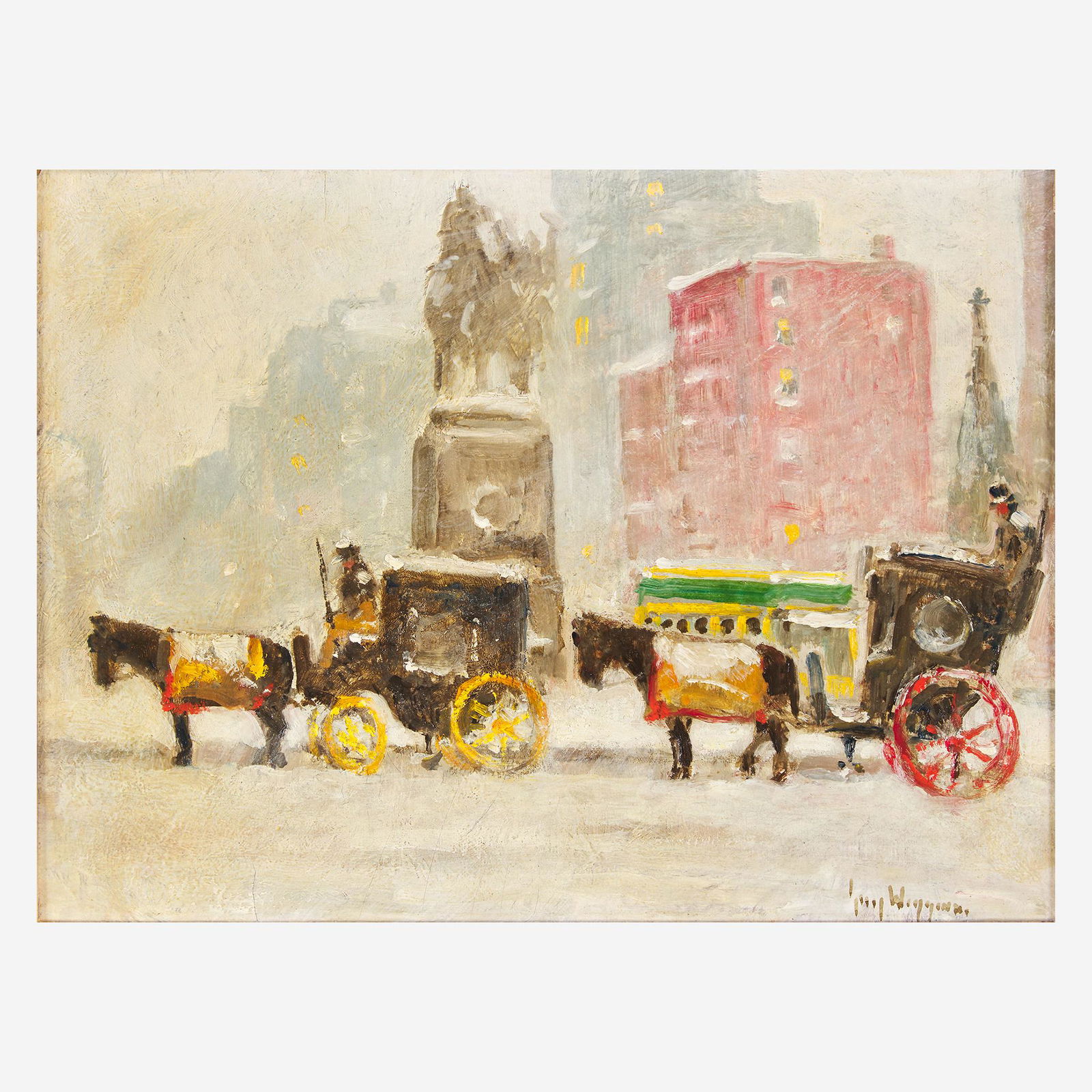 Guy Carleton Wiggins (American, 1883–1962) Old: Guy Carleton Wiggins (American, 1883–1962) Old Fashioned Winter (New York Plaza) Signed 'Guy Wiggins' bottom right; also titled and signed verso, oil on canvasboard9 x 12 in. (22.9 x 30.5cm) Pr