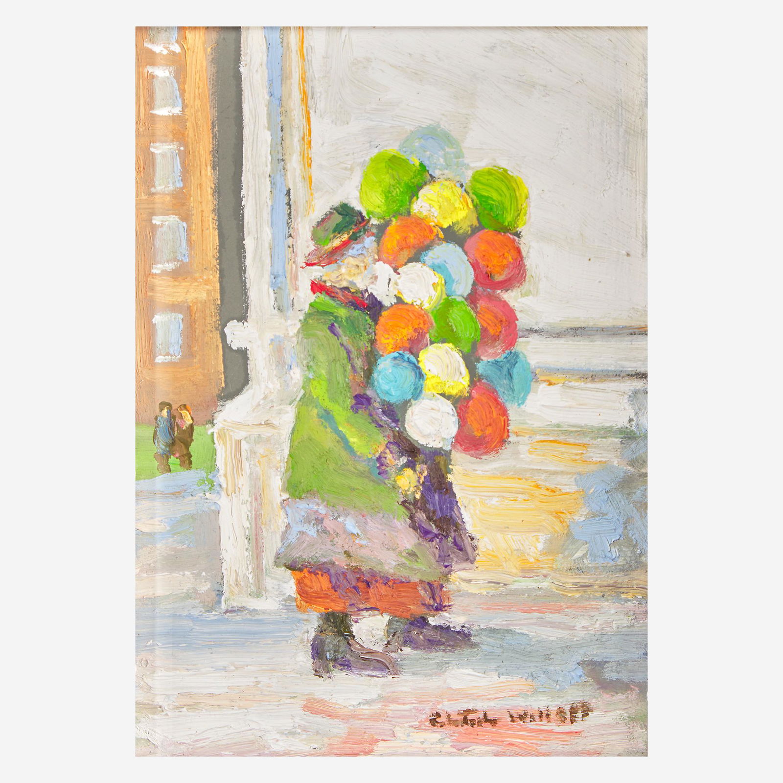 Christopher Willett (American, B. 1959) Balloon Lady,: Christopher Willett (American, B. 1959) Balloon Lady, Washington Square Signed bottom right; also signed, [erroneously] titled, and located 'N.Y. City' verso, oil on board (7 x 4 3/4 in. (17.8 x 12.1c