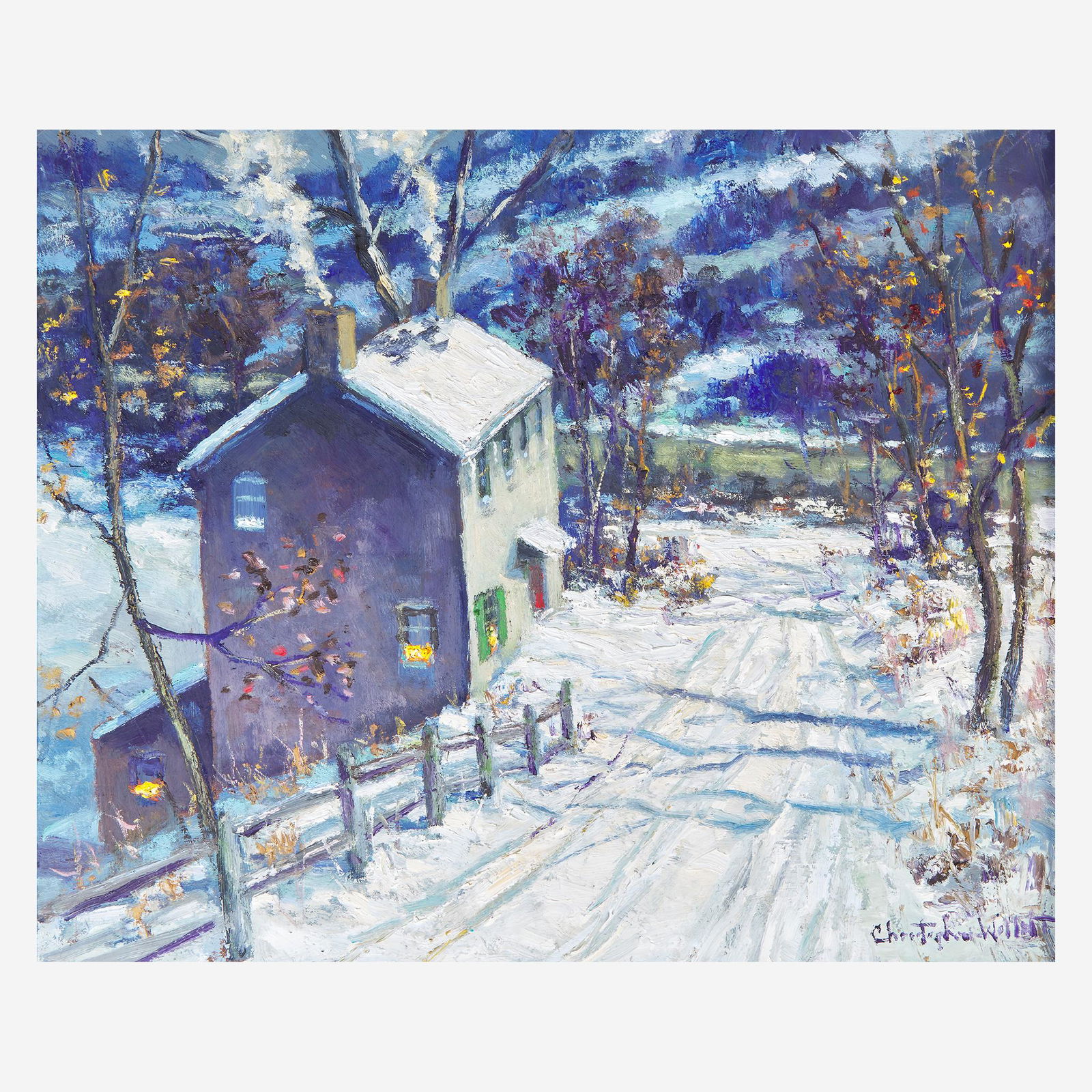 Christopher Willett (American, B. 1959) On the Corner: Christopher Willett (American, B. 1959) On the Corner of River Road Signed bottom right; also signed, titled, and located 'North of New Hope, Pa.' verso, oil on board (14 1/8 x 17 1/4 in. (35.9 x 43.8