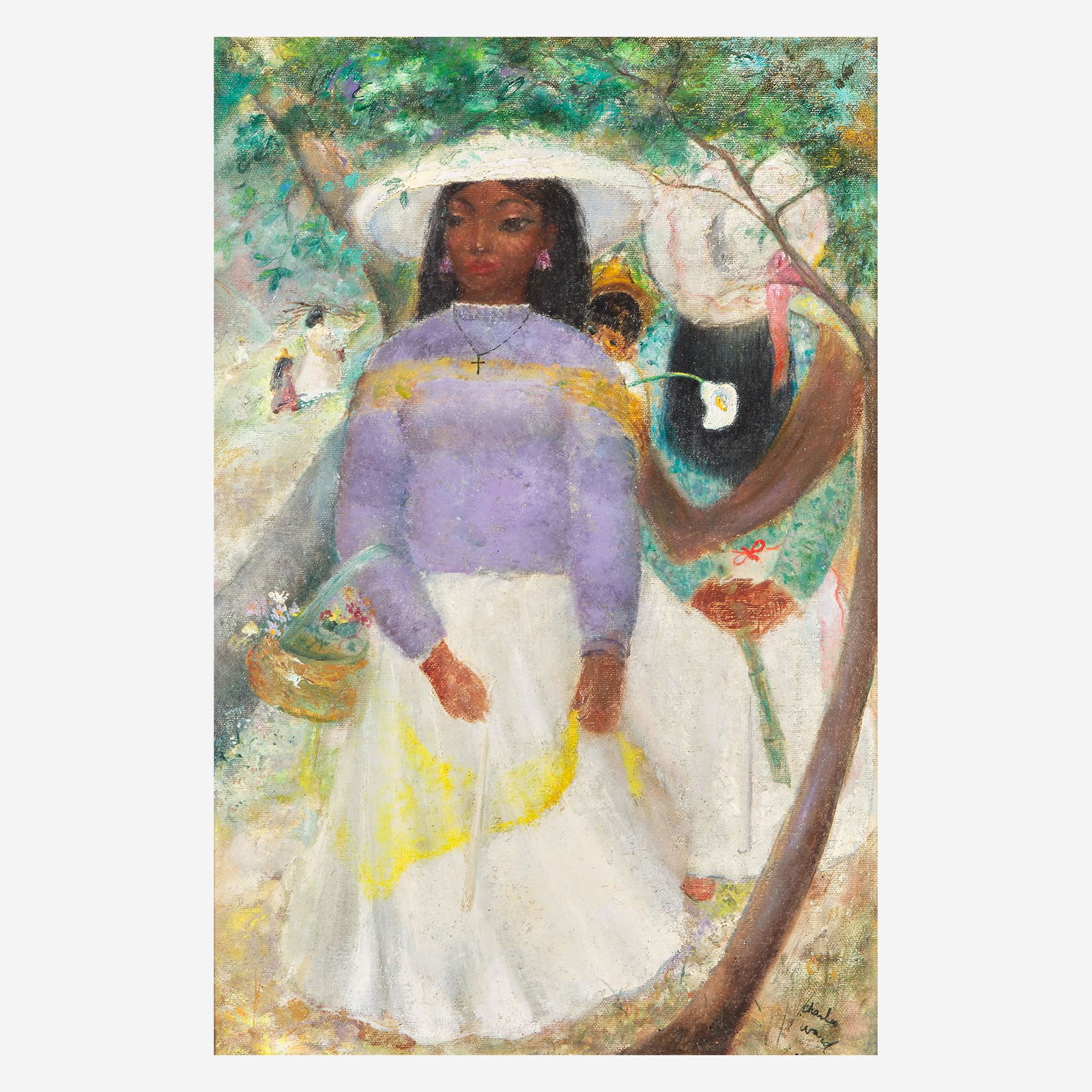 Charles William Ward (American, 1900-1962) Easter: Charles William Ward (American, 1900-1962) Easter Signed bottom right; also signed, titled, and located 'Carversville, Pa' verso, oil on canvas mounted on board (18 x 12 1/4 in. (45.7 x 31.1cm)) Prove