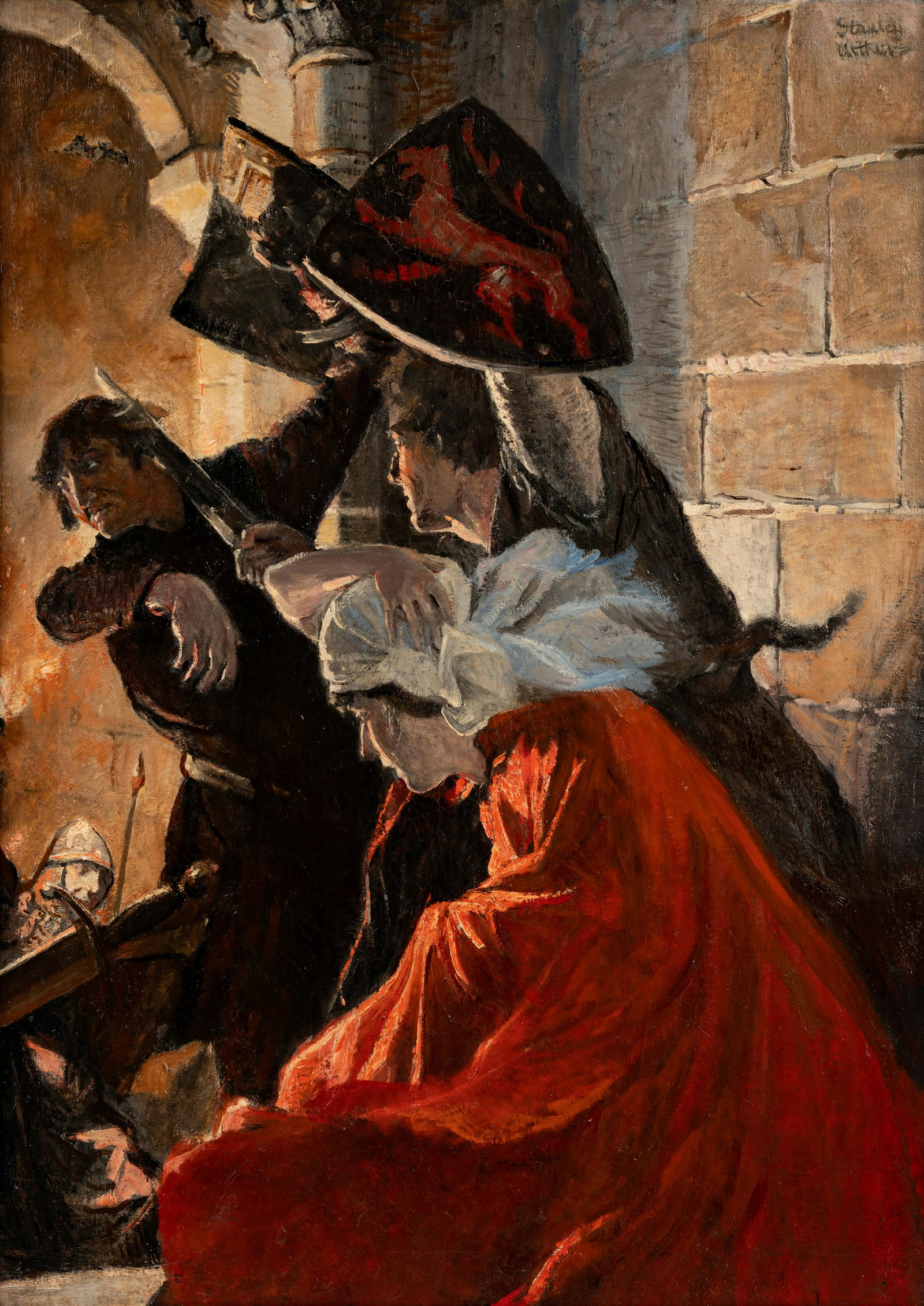 Stanley Massey Arthurs (American, 1877-1950) Death of: Stanley Massey Arthurs (American, 1877-1950) Death of Mordred oil on canvas signed Stanley Arthurs (upper right) 34 x 26 1/2 inches.
