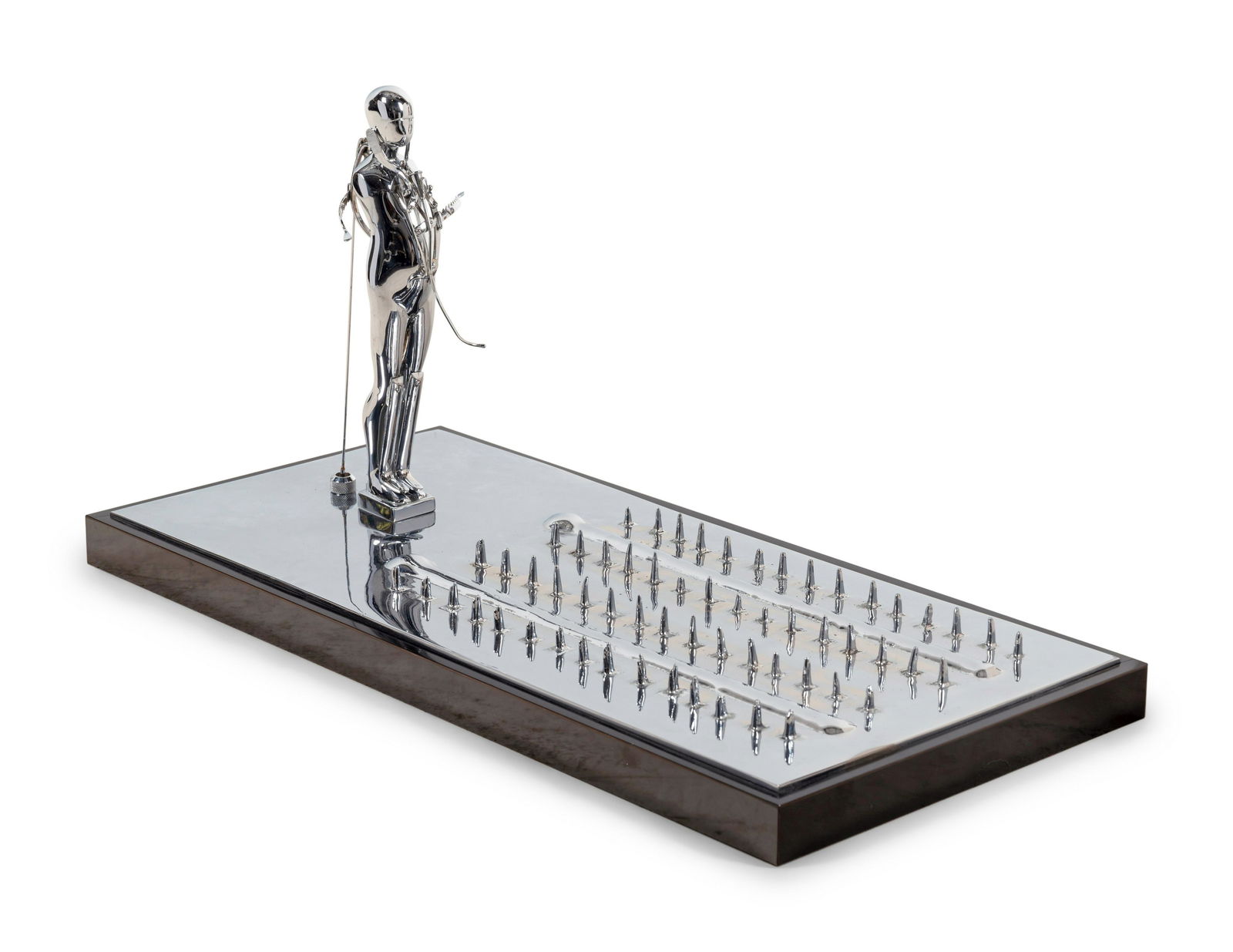 Ernest Trova (American, 1927-2009) Study/Falling Man: Ernest Trova (American, 1927-2009) Study/Falling Man (Landscape), c. 1968 chrome plated bronze inscribed with the Artist's monogram (underside) 13 x 12 1/2 x 27 inches. Deaccessioned from the Boca Rat