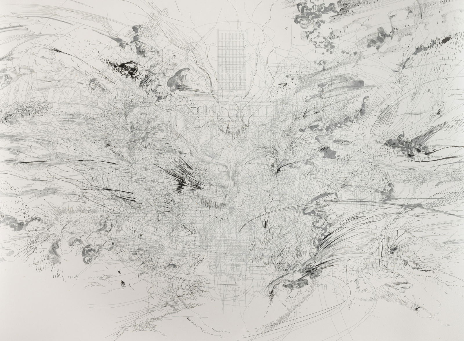 Julie Mehretu (Ethiopian, b. 1970) Entropia:: Julie Mehretu (Ethiopian, b. 1970) Entropia: Construction, 2005 lithograph with Gampi chine colle on Somerset Satin signed, dated, and numbered 17/30 in pencil 29 1/2 x 39 1/2 inches. Published by Hig
