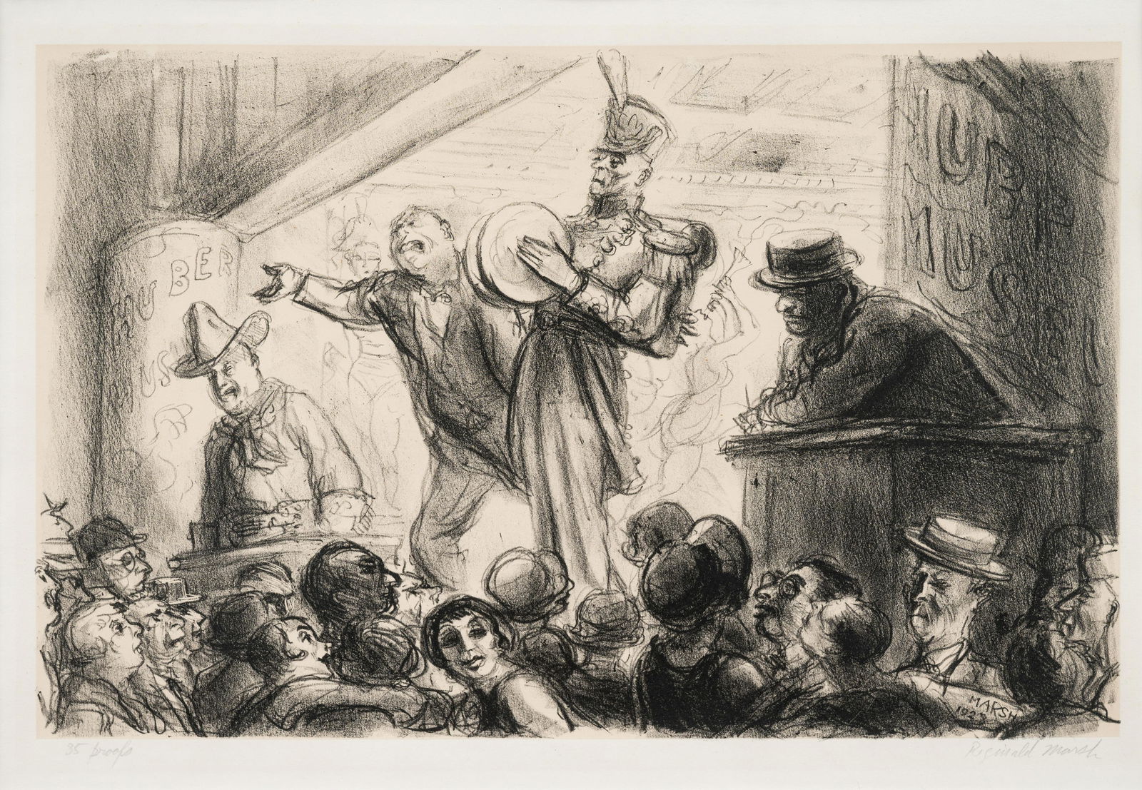 Reginald Marsh (American, 1898-1954) Huber's Museum,: Reginald Marsh (American, 1898-1954) Huber's Museum, 1928 lithograph on Chine applique signed and inscribed '35 proofs' in pencil 8 3/4 x 13 1/2 inches. Provenance: W. Graham Arader III, Chicago