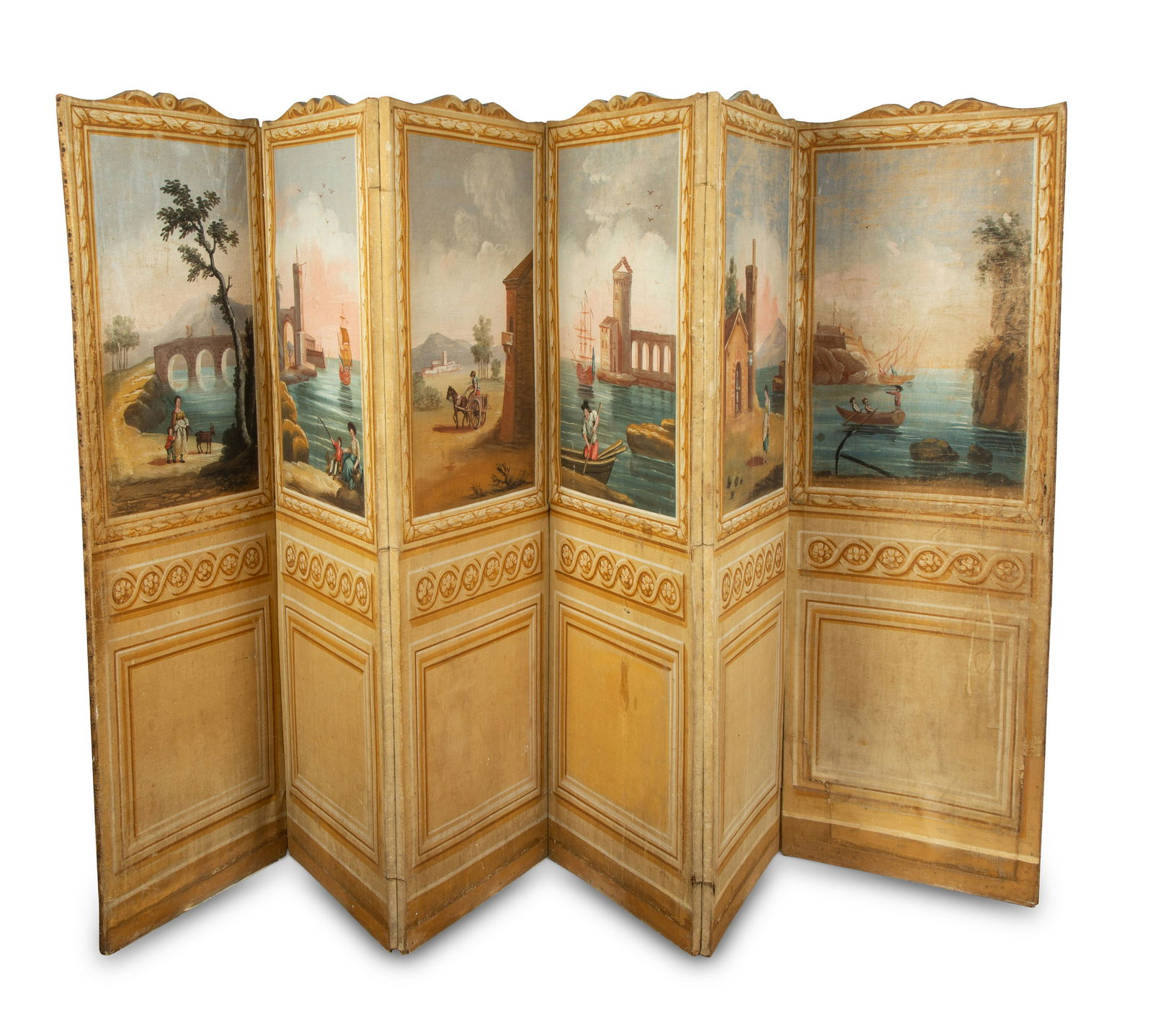 An Italian Six-Panel Painted Canvas Floor Screen Each (1 of 4)