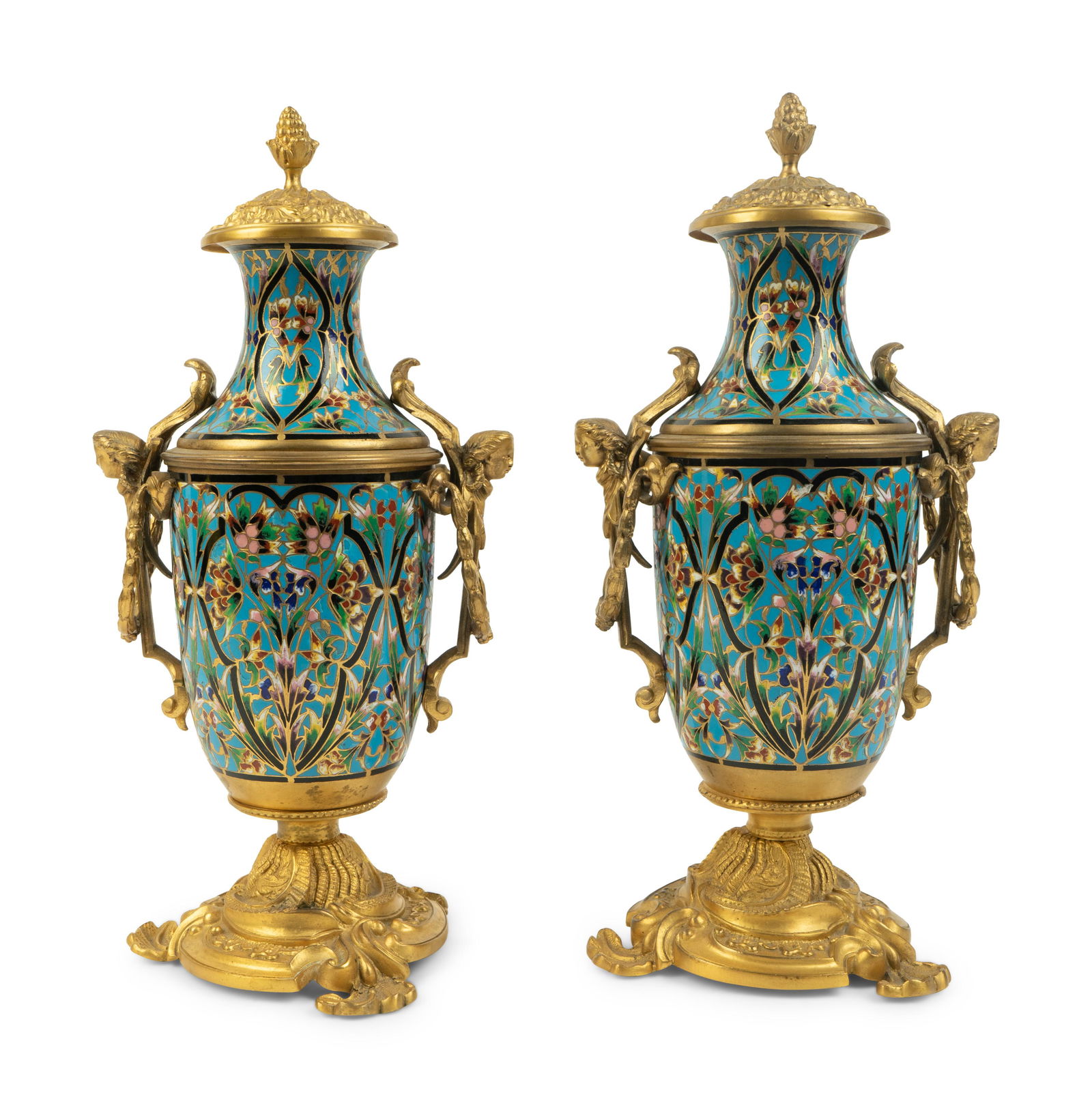 A Pair of French Gilt Bronze and Champleve Covered Urns (1 of 4)
