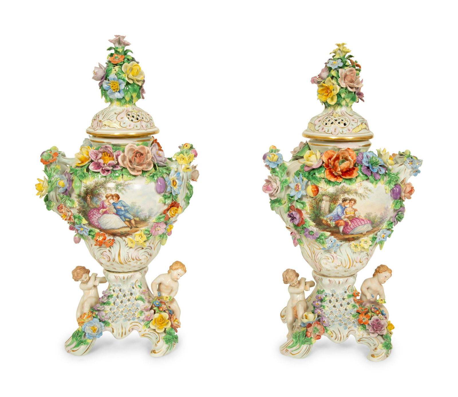 A Pair of Dresden Porcelain Floral Encrusted Urns (1 of 6)