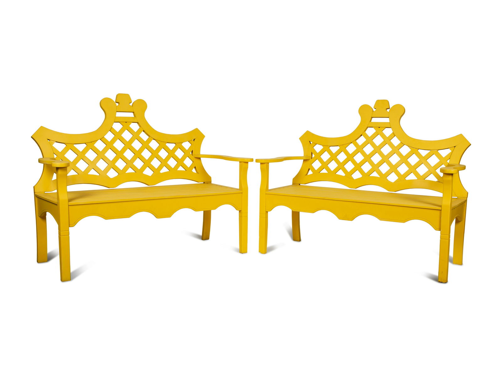 Two Yellow Painted Wood Garden  Benches  (1 of 4)