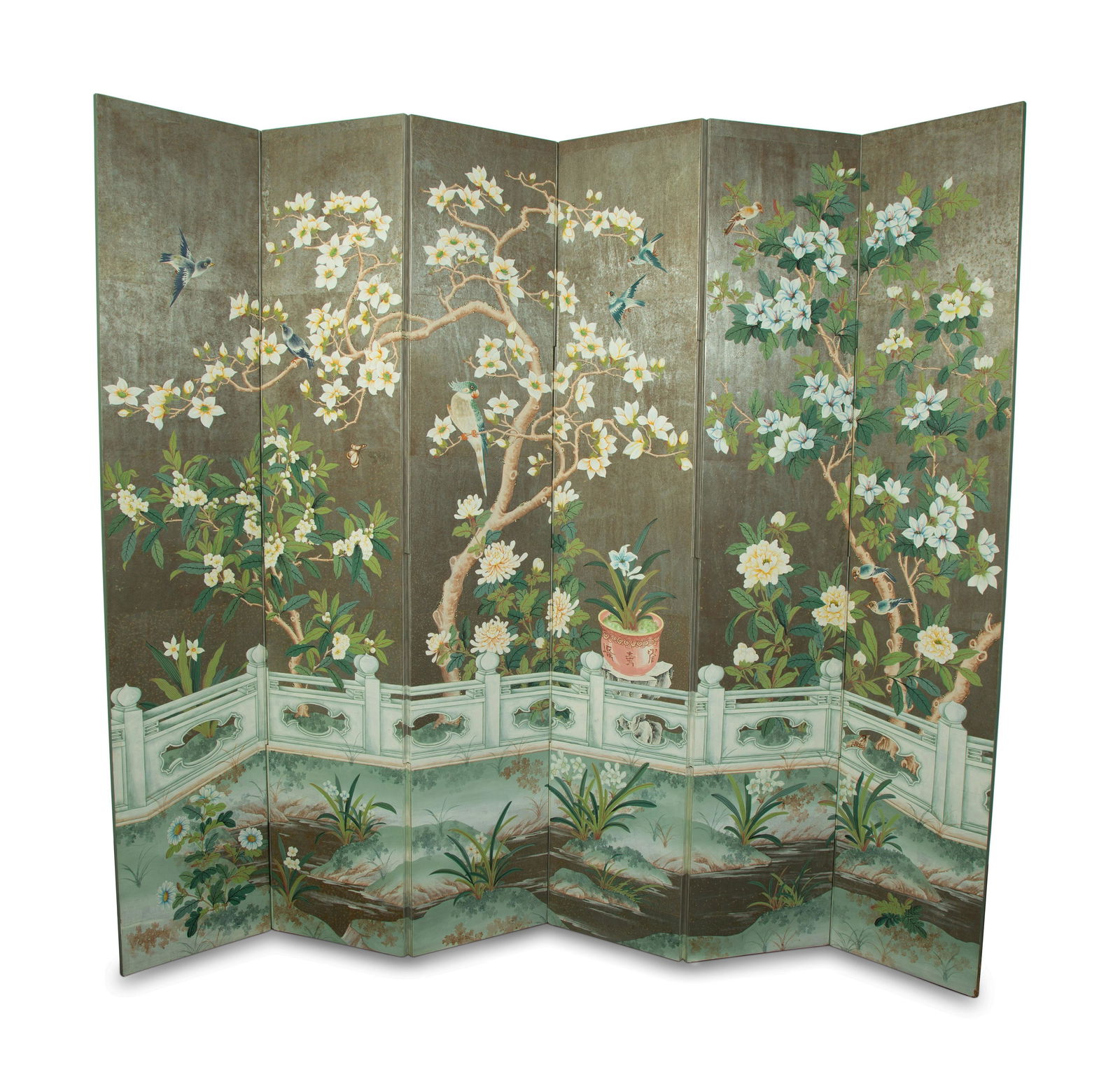 A Hand-Painted  Six-Panel Gracie Screen Depicting (1 of 3)