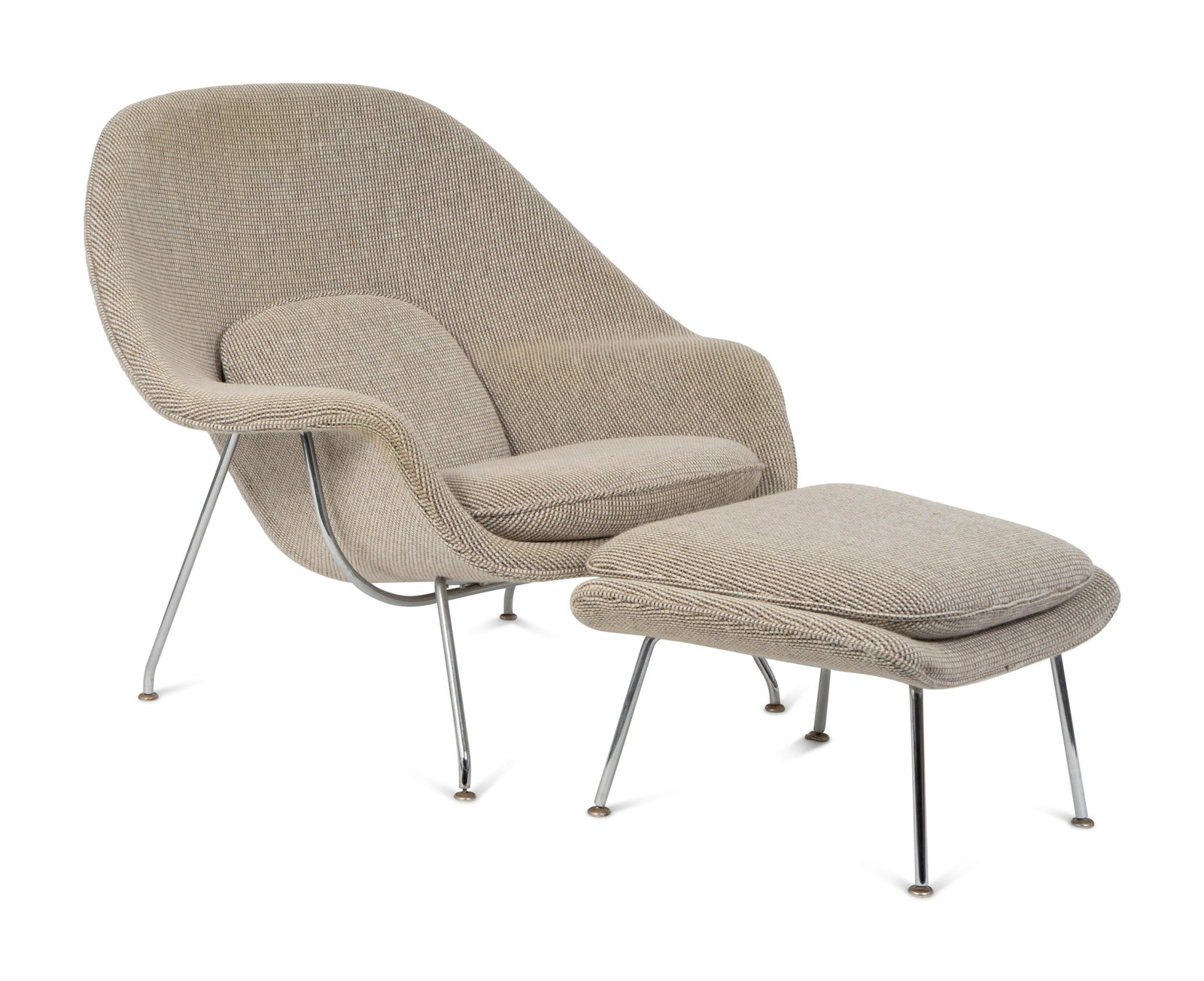 An Eero Saarinen Womb Chair and Ottoman Height of chair: An Eero Saarinen Womb Chair and Ottoman KNOLL INTERNATIONAL Height of chair 36 x width 41 x depth 38 inches; height of ottoman 14 1/2 x width 26 x depth 22 inches. Property of Mr. Akko van Acker, Miam