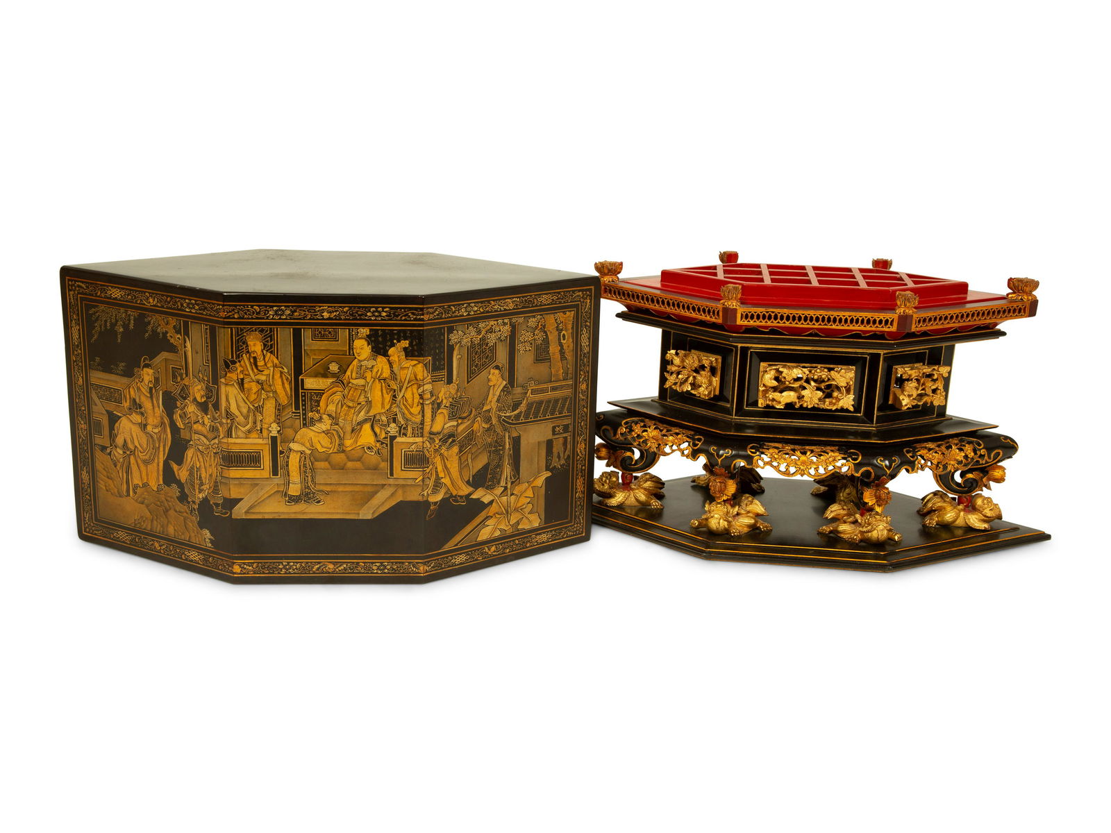 A Straits Chinese Lacquer and Gilt Six-Sided (1 of 7)