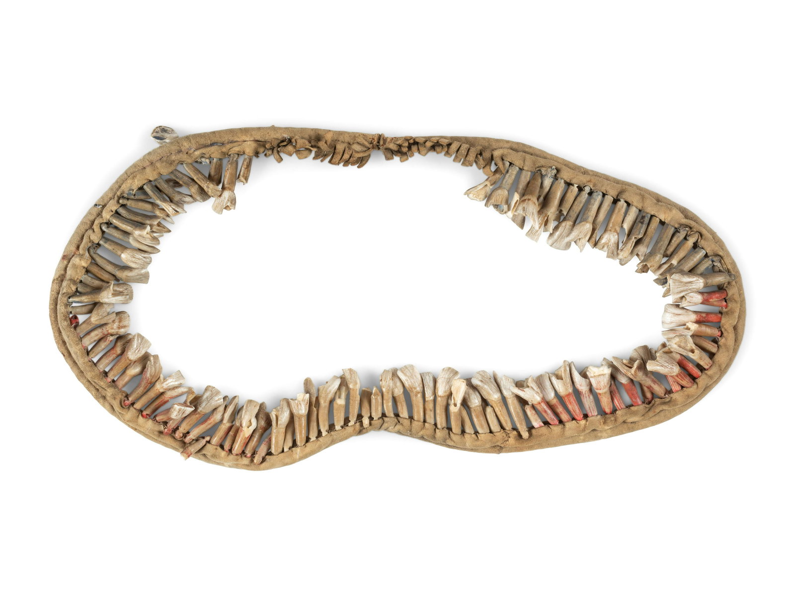 Plains Buffalo Tooth Necklace: Plains Buffalo Tooth Necklace fourth quarter 19th century strung on rolled hide, with a line of teeth coated in red pigment length 18 inches Sold to Benefit the U.S. Children's Center on Historical Ed