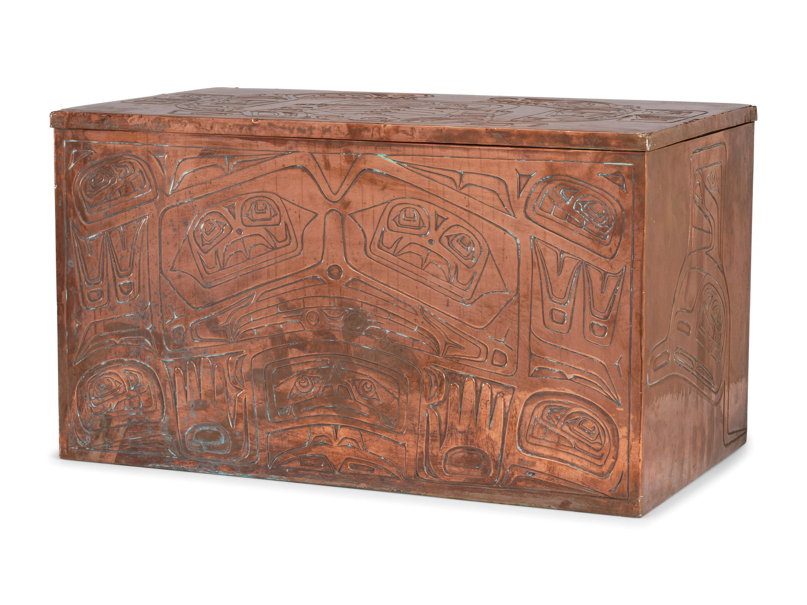 Northwest Coast Copper Chest: Northwest Coast Copper Chest mid - third quarter 20th century chest made by a group of Haida, Kwakiutl, Carrier, and Salish who call themselves "The Whale People"; featuring beaver, hawk, eagle