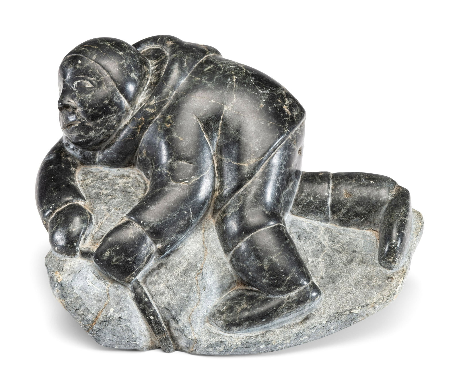 Inuit Soapstone Sculpture: Inuit Soapstone Sculpture mid-20th century reclining figure, signed in syllabics (base) height 3 inches x length 7-1/2 inches Please Note: This lot is located in and will ship from Cincinnati, Ohio.
