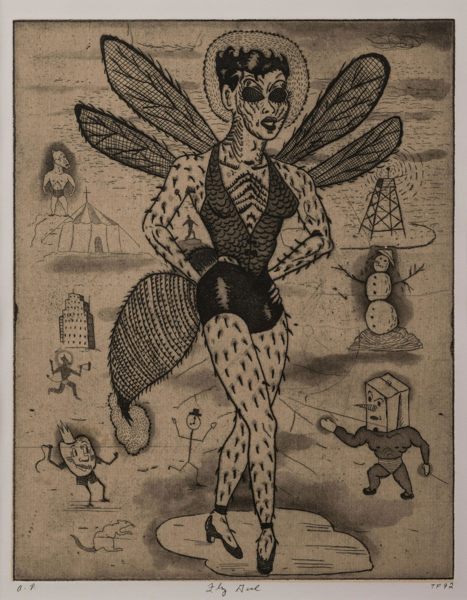 Tony Fitzpatrick (American, b. 1958) Fly Girl, 1992: Tony Fitzpatrick (American, b. 1958) Fly Girl, 1992 etching and aquatint on paper initialed, titled, dated, and inscribed A.P. 13 1/2 x 10 3/4 inches.