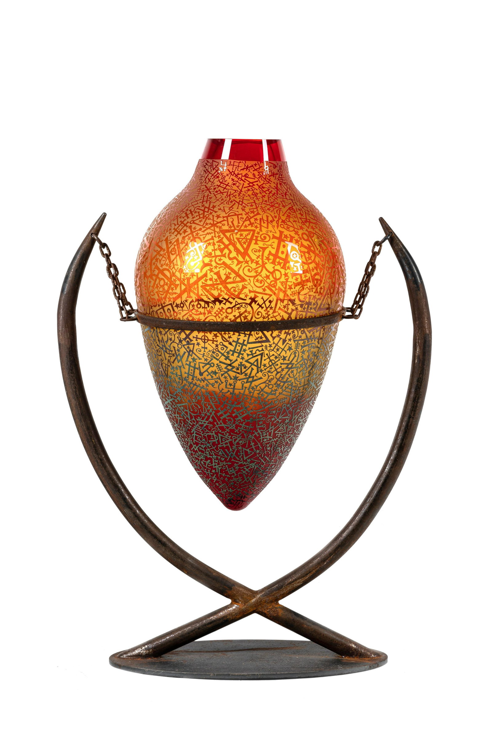 Duncan McClellan (American, 20th Century) Large Vase: Duncan McClellan (American, 20th Century) Large Vase hand-blown and acid-etched glass, wrought iron H 28 1/4 x W 20 x D 10 inches. Property from the Estate of Dr. Paul and Betty Jacobs, Whitefish Bay,