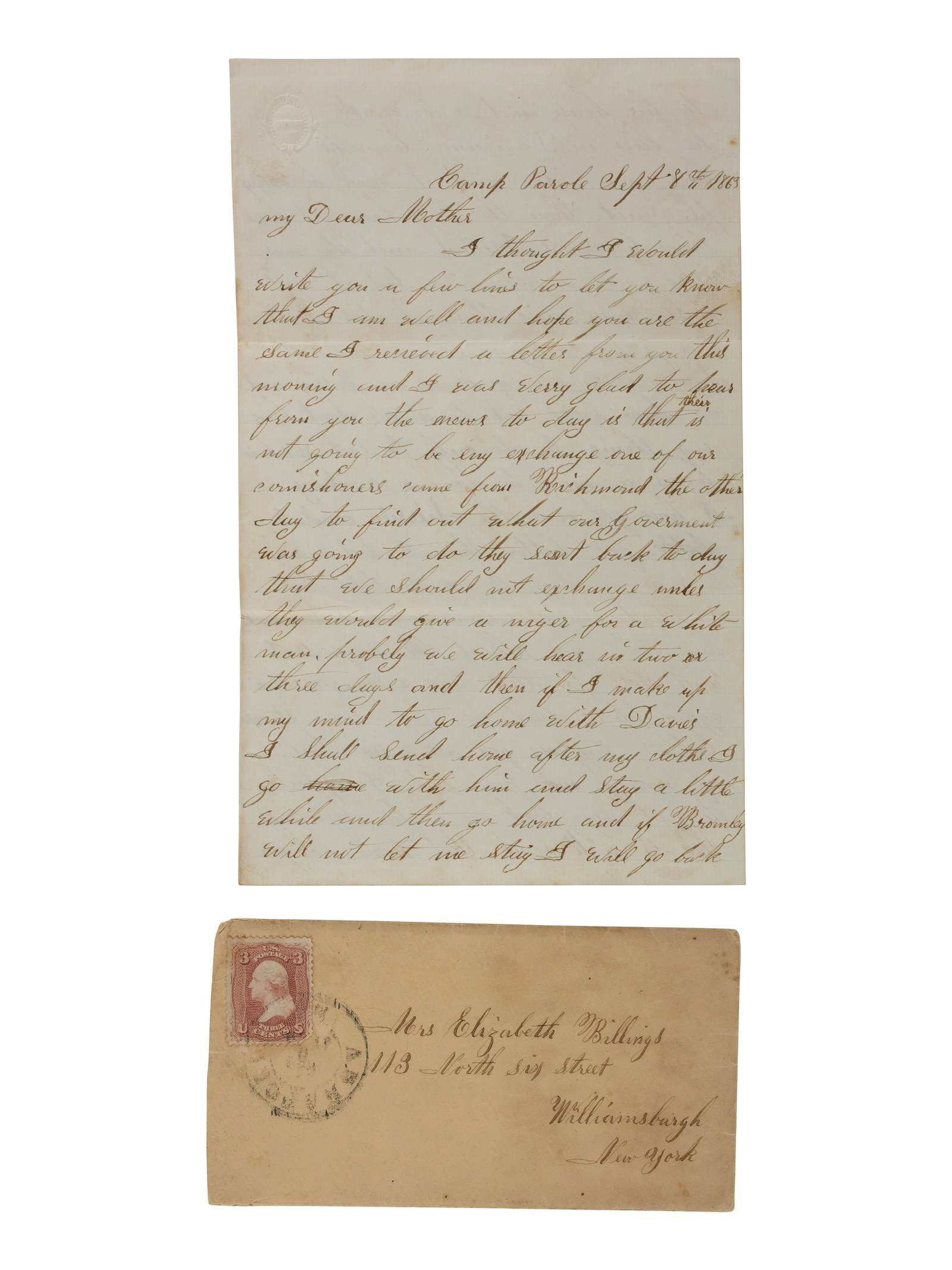 [CIVIL WAR]. Letter from Samuel D. Billings, Company F, (1 of 2)