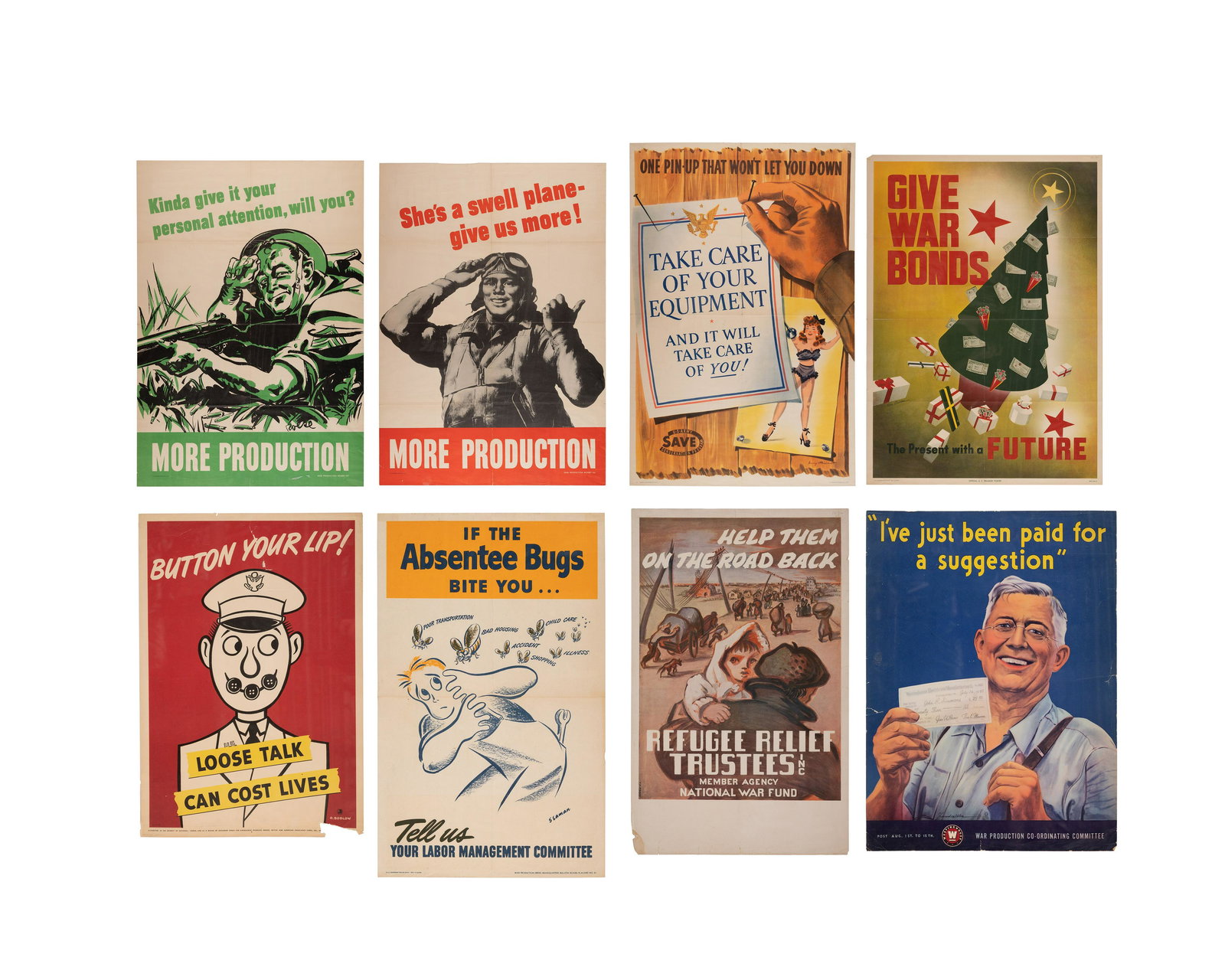 [WORLD WAR II]. A group of 8 posters, comprising: : [WORLD WAR II]. A group of 8 posters, comprising: SOGLOW, Otto, artist. Button your Lip! New York: British and American Ambulance Corps, Inc., 1942. 506 mm x 354 mm (some chipping or tears, lig