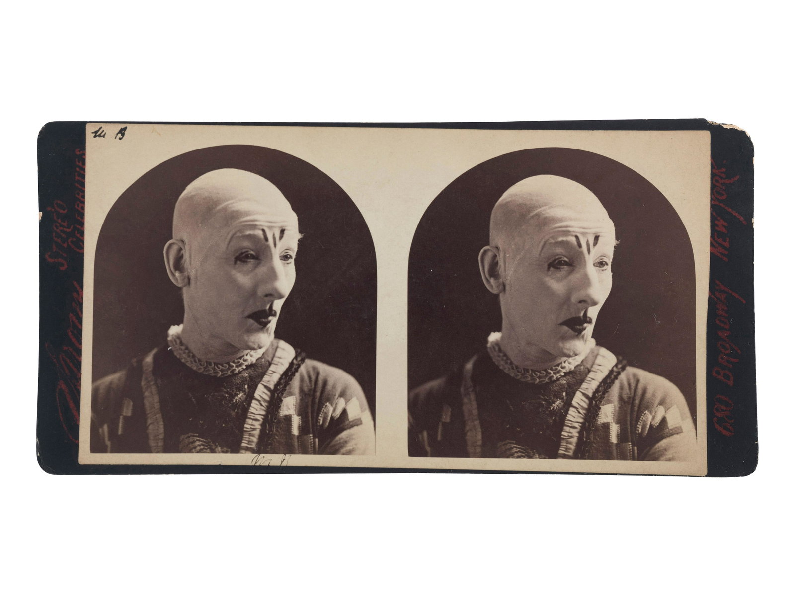 [EARLY PHOTOGRAPHY]. SARONY, Napoleon, photographer.: [EARLY PHOTOGRAPHY]. SARONY, Napoleon, photographer. Stereoview of world-famous clown, G.L. Fox. New York. 6 1/16 x 3 1/4 in. albumen stereoview on mount (minor even toning; light chips to mount edges