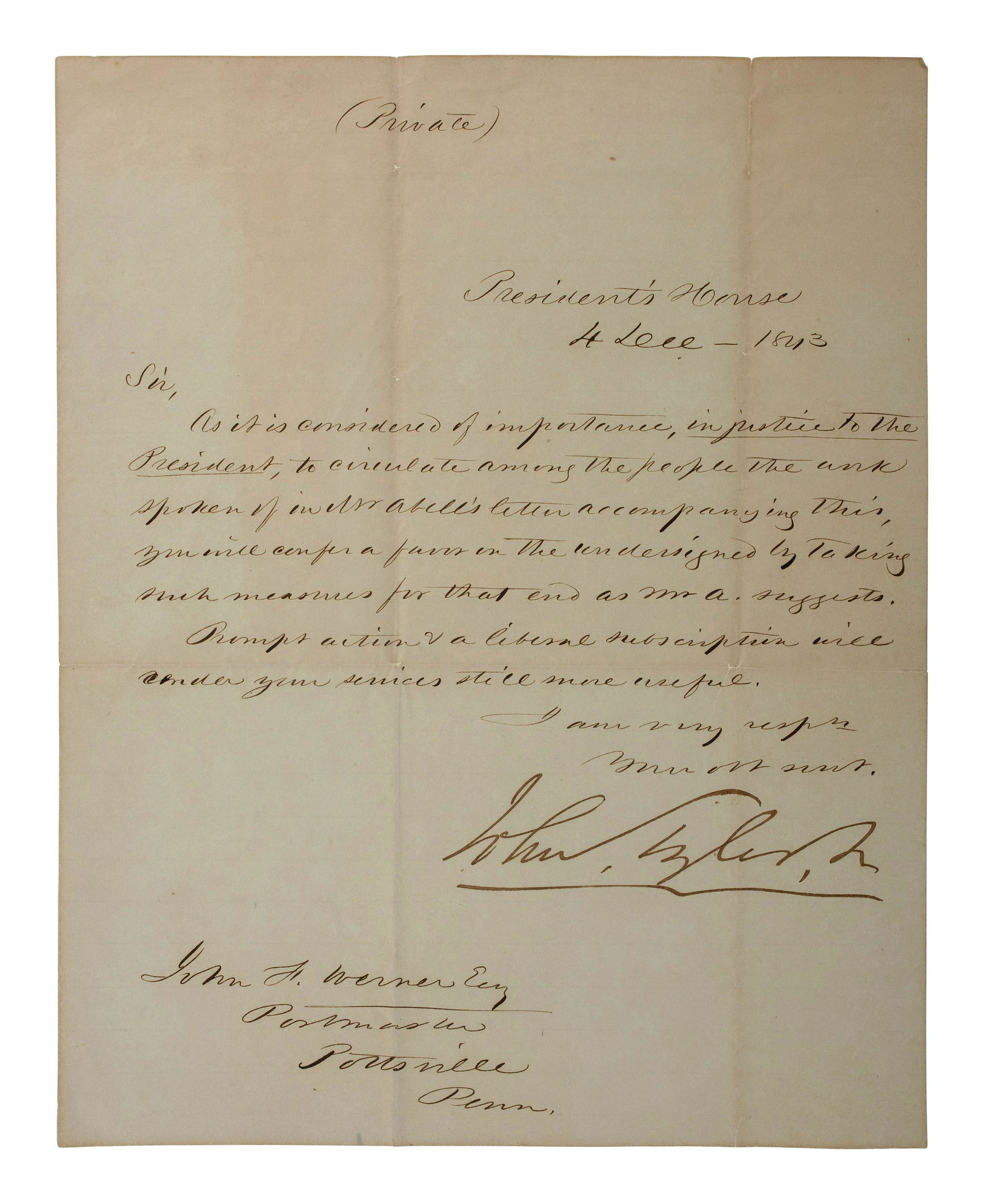 [TYLER, John (1790-1862)]. Possible forged letter (1 of 1)