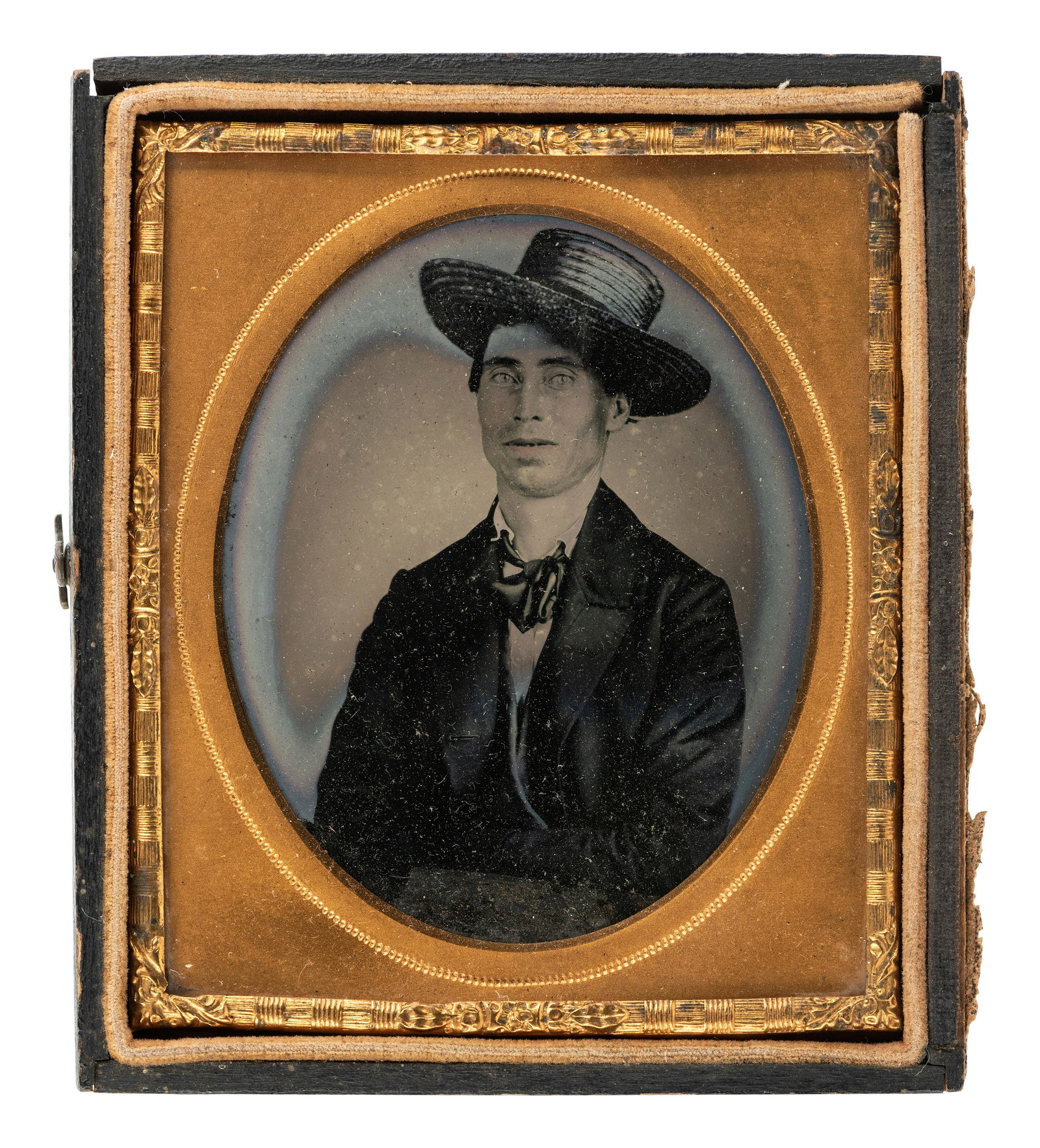 [INDIAN TERRITORY]. Sixth plate ambrotype portrait of: [INDIAN TERRITORY]. Sixth plate ambrotype portrait of man in straw hat. Sixth plate ambrotype of seated gentleman with half smile, wearing straw hat (tarnish to perimeter, some areas of loss to