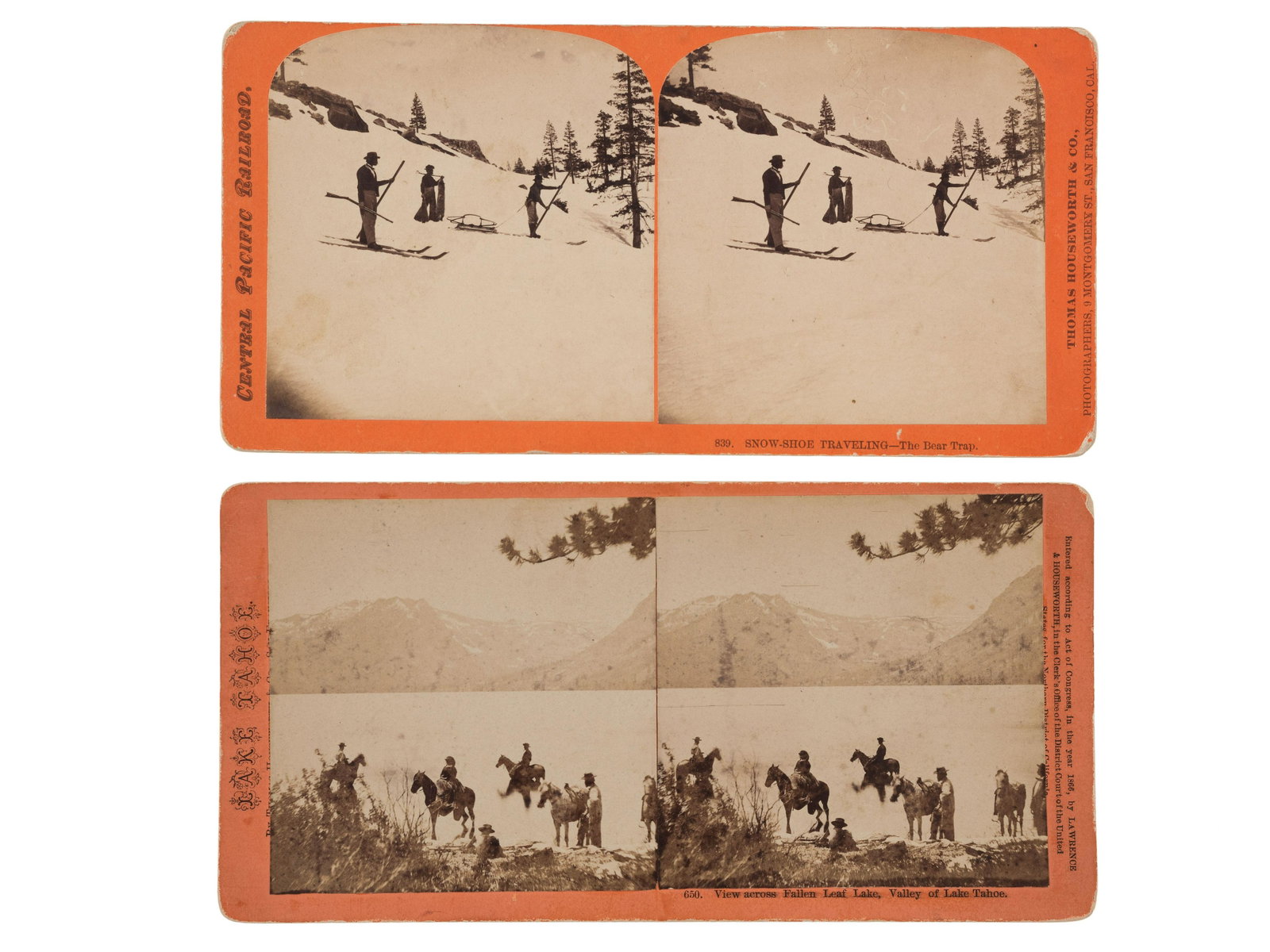 [CALIFORNIA]. HOUSEWORTH, Thomas and Co., photographer.: [CALIFORNIA]. HOUSEWORTH, Thomas and Co., photographer. A group of 2 stereoviews, incl. Snow-Shoe Traveling "“ The Bear Trap. San Francisco: ca 1866. Stereoview No. 839 (light