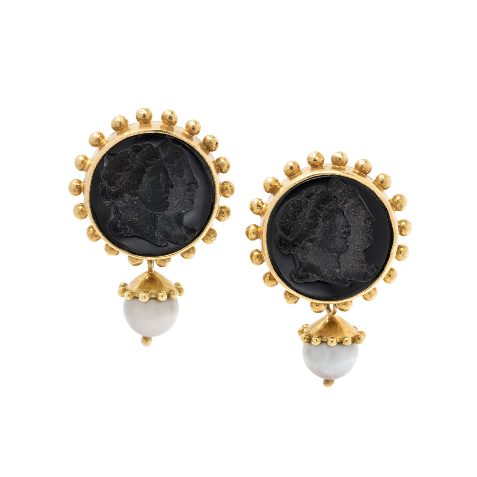 ELIZABETH LOCKE, CONVERTIBLE GLASS INTAGLIO AND: ELIZABETH LOCKE, CONVERTIBLE GLASS INTAGLIO AND CULTURED PEARL EARCLIPS Containing two round black glass intaglios depicting Classical female profiles, suspending two detachable drops containing pearl