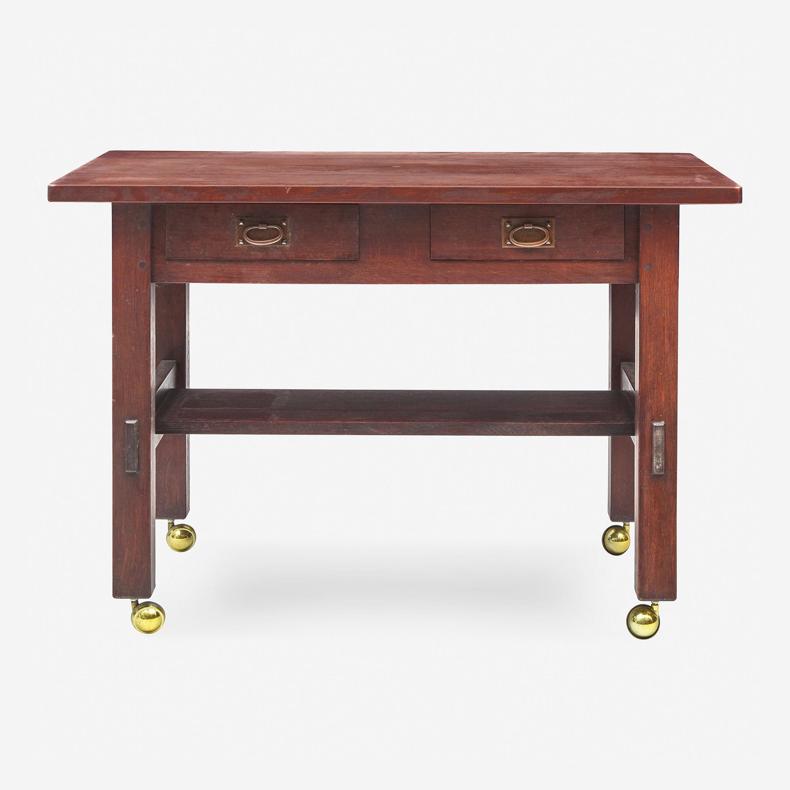 Gustav Stickley (American, 1858-1942) Desk, USA, circa: Gustav Stickley (American, 1858-1942) Desk, USA, circa 1902 Oak, copper Stenciled with United Crafts mark (1902-1904) (H: 33, W: 30, L: 48 in. (on casters)) Qty: (1) Provenance Pr